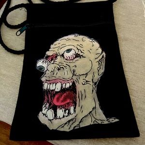 Original art zombie small black zipper crossbody bag
